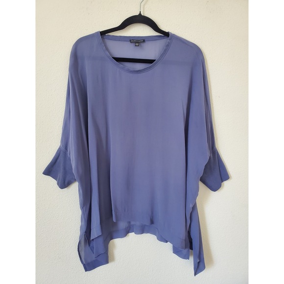 Eileen Fisher 100% Silk Oversized Tunic Top Large Blue Dolman Flowey - Picture 9 of 9
